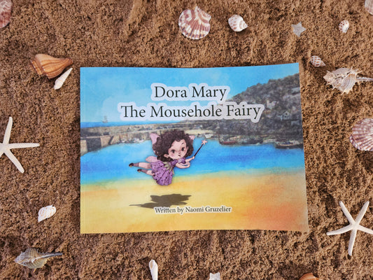 Dora Mary, with wand, flying across Mousehole harbour. Children's illustration book cover