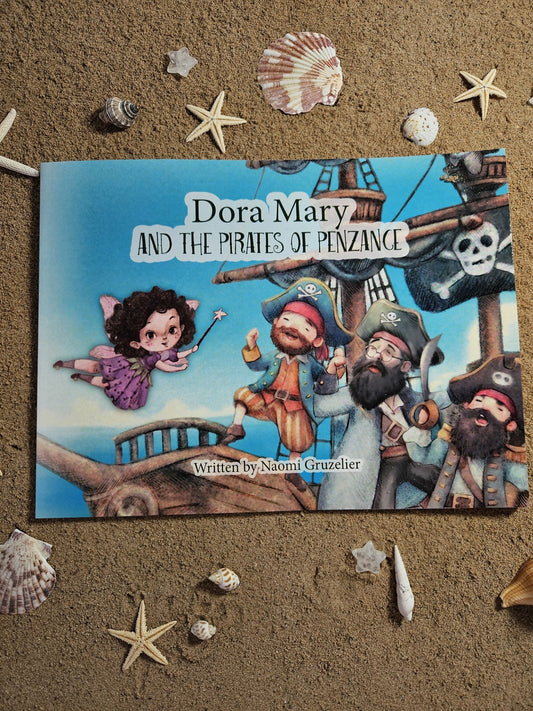 Front cover of a childrens books with the pirates of penzance, and Dora Mary the Mousehole fairy. Captain Joe wears glasses.
