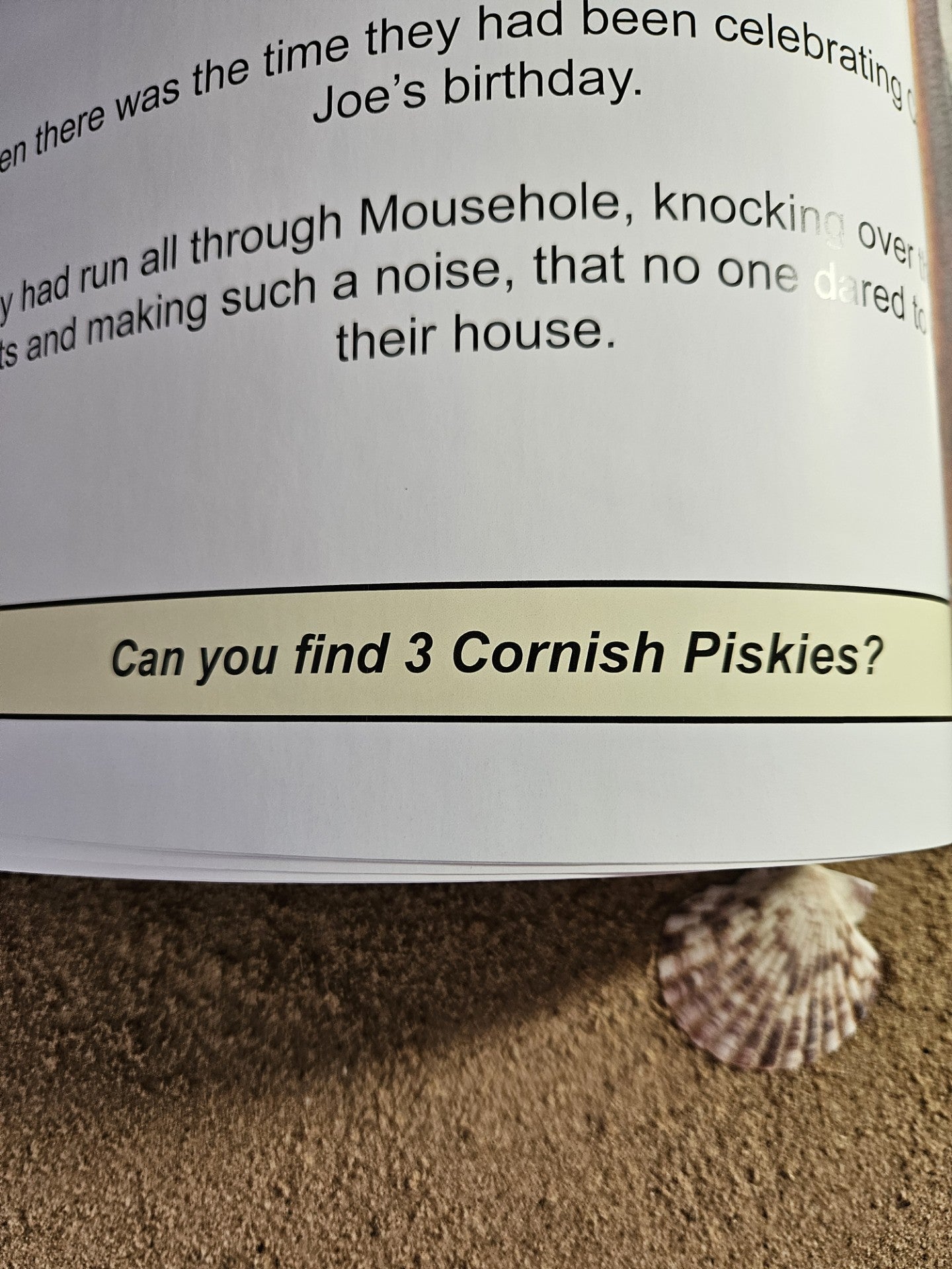 Picture of the page in the book that sets children a challenge to find the 3 piskies in the picture.